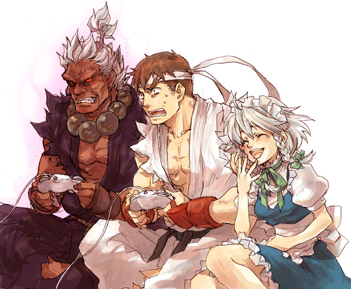 shika (pixiv), akuma (street fighter), izayoi sakuya, ryu (street fighter), shin akuma, capcom, m.u.g.e.n, street fighter, touhou, 1girl, 2boys, abs, aura, beads, brown gloves, controller, crossover, dark-skinned male, dark skin, dougi, fingerless gloves, frills, game controller, gamepad, gloves, hachimaki, headband, indian style, laughing, maid, maid headdress, martial arts belt, mma gloves, multiple boys, muscular, muscular male, no pupils, playing games, prayer beads, red gloves, red hair, ribbon, short hair, sitting, topknot, video game, white hair, white headband