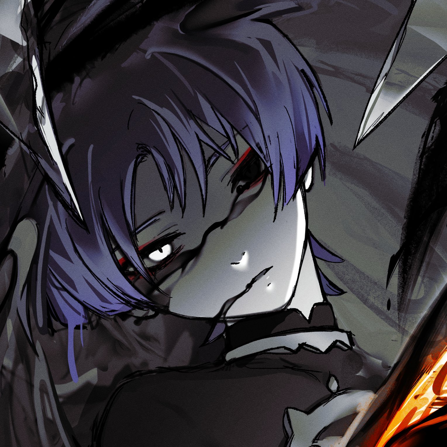ritsuka mash, scaramouche (genshin impact), genshin impact, highres, 1boy, black bodysuit, black eyes, blunt ends, bodysuit, empty eyes, eyeliner, grey background, head tilt, heterochromia, jewelry, looking at viewer, makeup, male focus, mandarin collar, neck ring, parted lips, portrait, purple hair, red eyeliner, slit pupils, solo, tsurime, white eyes