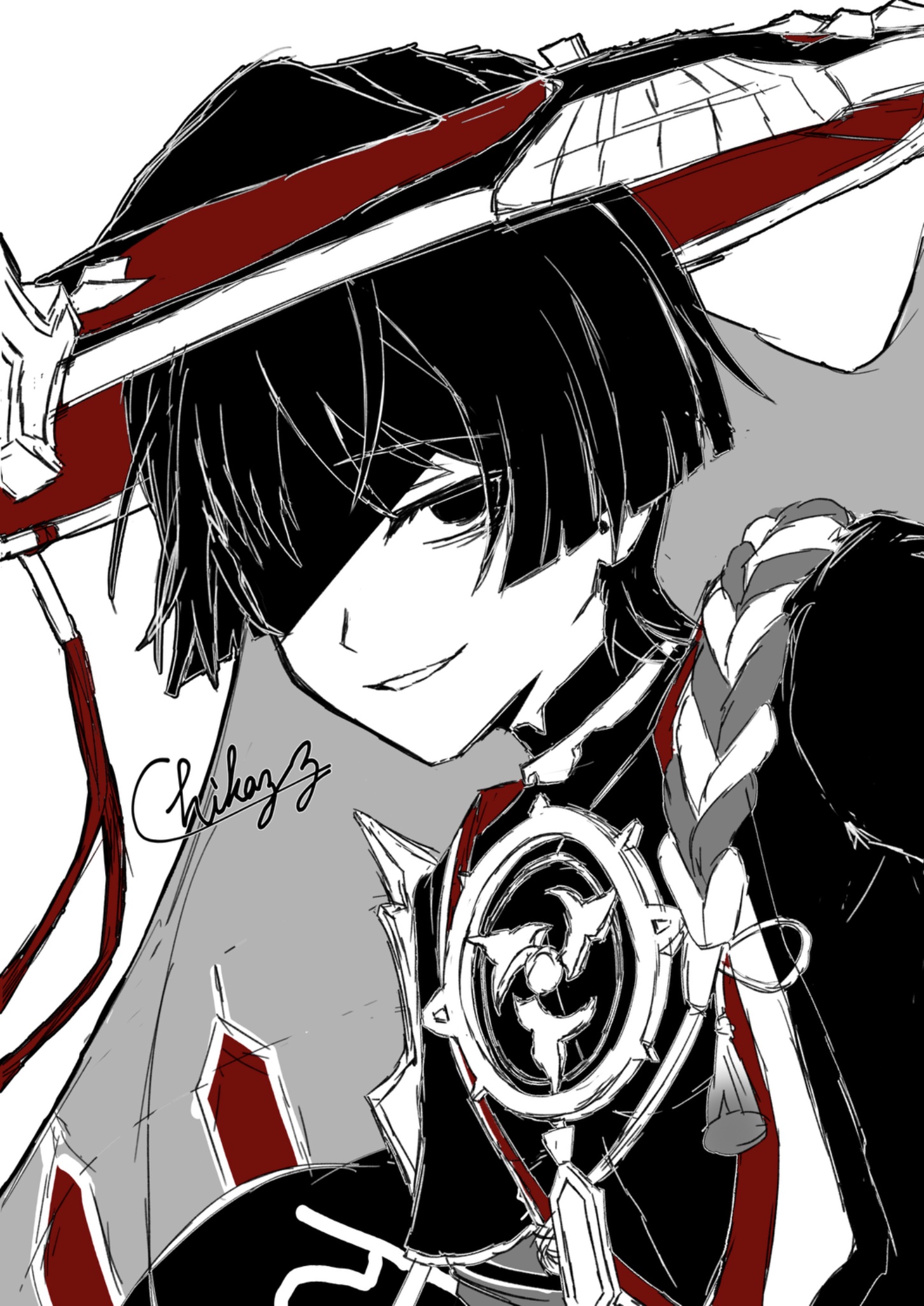 saigawa genshin, scaramouche (genshin impact), genshin impact, highres, 1boy, arms at sides, bags under eyes, blunt ends, bodysuit, choppy bangs, covered collarbone, cursive, empty eyes, greyscale, hat, japanese clothes, jewelry, jingasa, juban, kimono, layered sleeves, looking at viewer, male focus, mandarin collar, mask on hat, mitsudomoe (shape), monochrome, neck ring, open clothes, open kimono, partially shaded face, portrait, red hat, red kimono, rope, shimenawa, short sleeves, signature, single sode, smirk, solo, spot color, tassel, tomoe (symbol), tsurime, veil