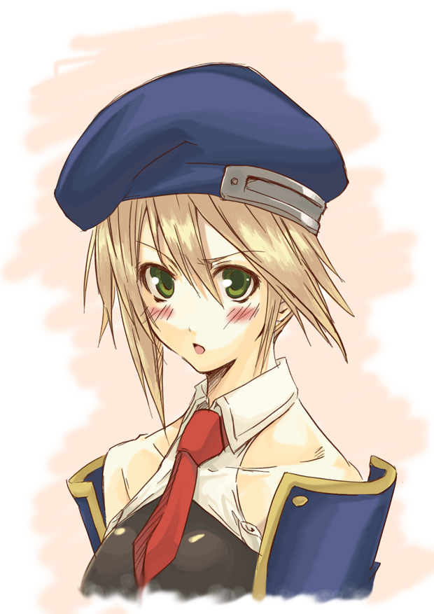 maou, sengoku aky, noel vermillion, tomokazu sugita, arc system works, blazblue, 1girl, bare shoulders, beret, blonde hair, blush, detached sleeves, female focus, green eyes, green hair, hat, matching hair/eyes, necktie, short hair, solo