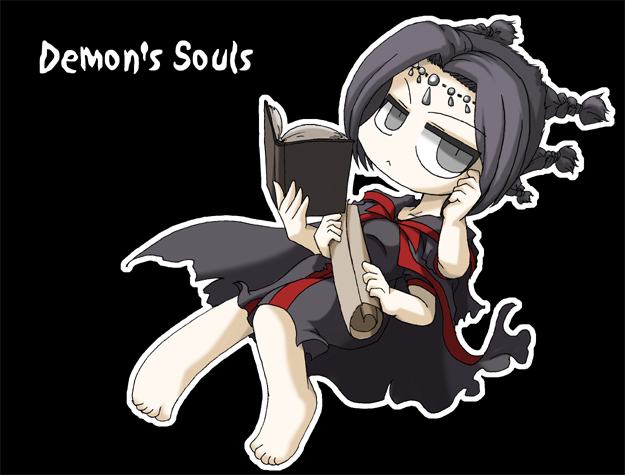 rumbachatnoir, fool's idol, demon's souls, fromsoftware, 1girl, barefoot, black eyes, black hair, book, braid, cape, chibi, dress, extra arms, feet, female focus, full body, long hair, multi limb, scroll, solo, tiara
