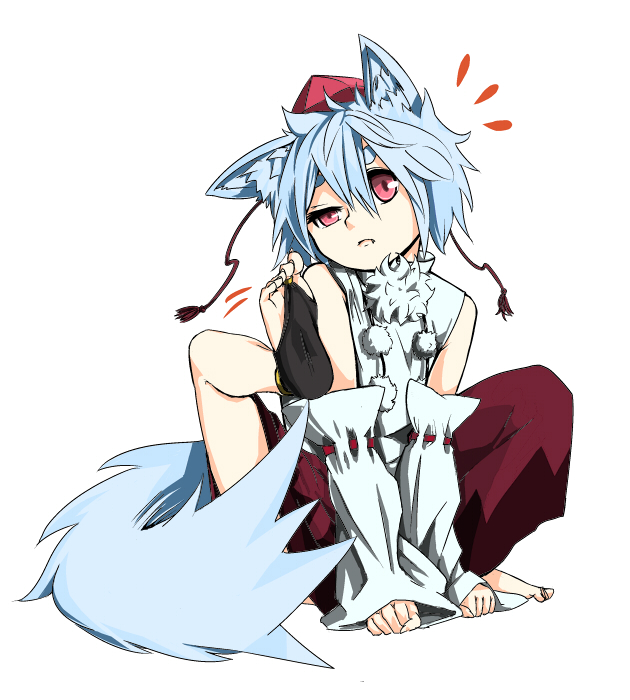 murakami4949, inubashiri momiji, touhou, silver hair, 1girl, animal ears, animal pose, detached sleeves, feet, female focus, hat, paw pose, red eyes, scratching, short hair, solo, tail, toeless legwear, tokin hat, wolf ears, wolf tail