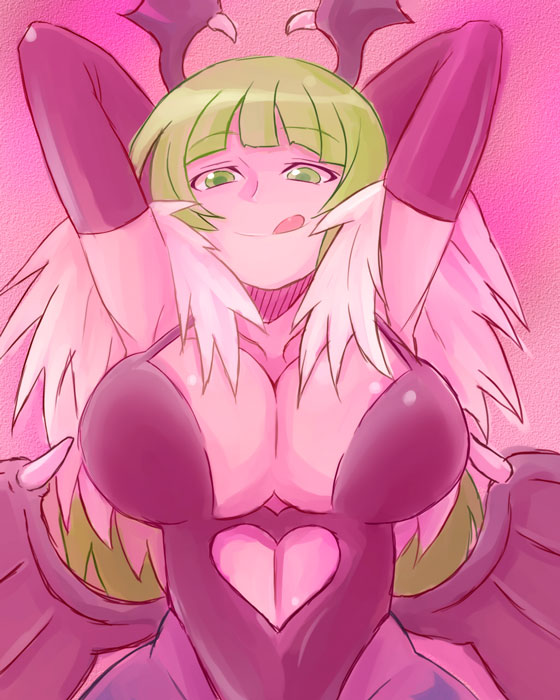soratobu zippo, morrigan aensland, capcom, darkstalkers, 1girl, :q, armpits, bat wings, breasts, cleavage, curvy, demon girl, elbow gloves, feathers, female focus, gloves, green eyes, green hair, head wings, hip focus, large breasts, latex, latex gloves, matching hair/eyes, pantyhose, simple background, solo, tongue, tongue out, wide hips, wings
