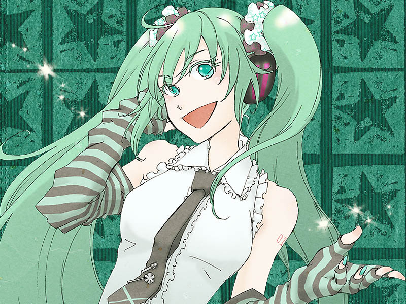 shou shishi, hatsune miku, vocaloid, aqua eyes, aqua hair, bare shoulders, elbow gloves, fingerless gloves, gloves, headphones, necktie, smile, solo, striped clothes, striped gloves, tie clip, twintails
