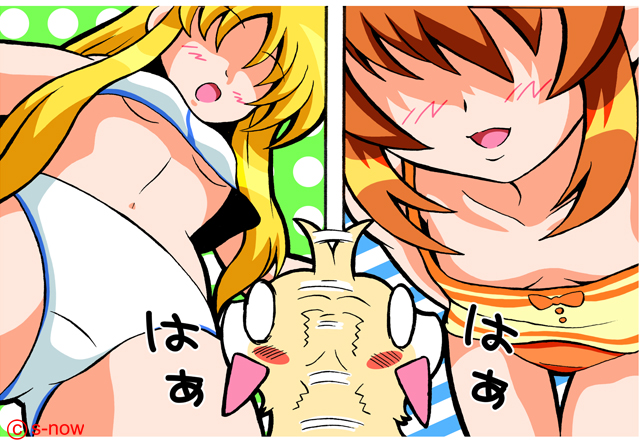 s-now, fate testarossa, takamachi nanoha, yuuno scrya, lyrical nanoha, mahou shoujo lyrical nanoha, 00s, 2girls, :d, :o, bent over, blonde hair, blush, blush stickers, bow, bra, breasts, brown hair, camisole, cleavage, downblouse, faceless, ferret, flapper shirt, flat chest, from below, lingerie, loli, long hair, multiple girls, naughty face, navel, no pupils, o o, open mouth, orange panties, panties, parted bangs, polka dot, polka dot background, shirt, short hair, sidelocks, small breasts, smile, standing, striped background, thigh gap, underboob, underwear, underwear only, upshirt, white bra, white panties