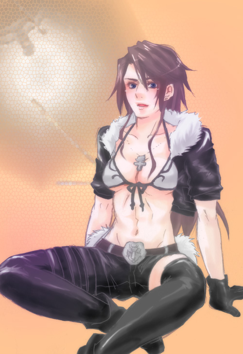 vertrauen, squall leonhart, final fantasy, final fantasy viii, gender request, 1990s (style), 1girl, belt, bikini, bikini top only, blue eyes, breasts, brown hair, female focus, genderswap, gloves, jacket, jewelry, midriff, necklace, pants, short hair, sitting, solo, swimsuit, thighhighs