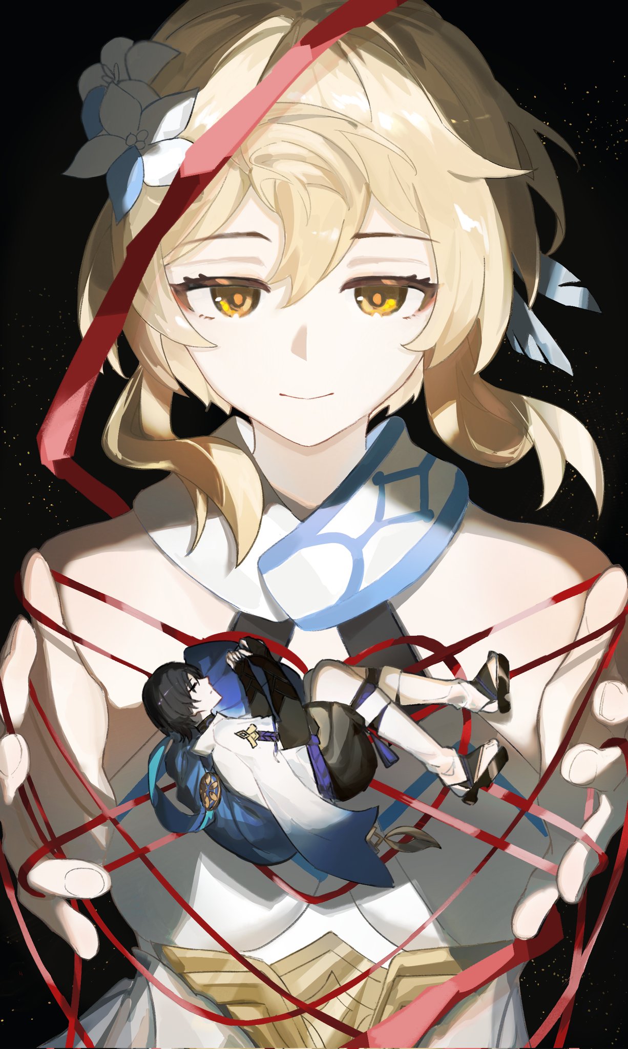 whisper (suisuibingtang), lumine (genshin impact), scaramouche (genshin impact), wanderer (genshin impact), genshin impact, highres, 1boy, 1girl, armor, bare shoulders, black background, black hair, black sandals, black shorts, blonde hair, blue cape, blue feathers, blue flower, blue trim, blunt ends, bridal gauntlets, cape, cat's cradle, clenched hands, closed eyes, closed mouth, dress, eyelashes, eyeliner, facing another, feather hair ornament, feathers, fetal position, fingernails, flower, furisode, hair flower, hair ornament, half-closed eyes, halterneck, japanese armor, japanese clothes, kimono, kote, kurokote, leg warmers, looking at another, lying, makeup, mini person, miniboy, multicolored flower, on side, open hands, purple rope, purple sash, red eyeliner, red pupils, rope, sandals, sash, scarf, short hair, short hair with long locks, short sleeves, shorts, sidelocks, sideways mouth, stirrup legwear, toeless legwear, toes, white dress, white flower, white kimono, white leg warmers, white scarf, white sleeves, yellow eyes, zouri