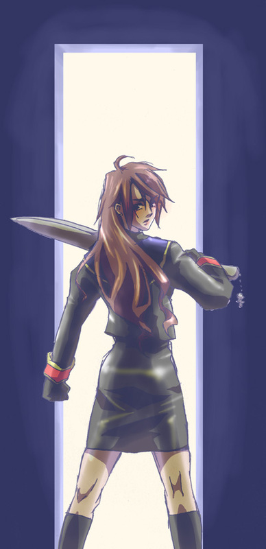 vertrauen, squall leonhart, final fantasy, final fantasy viii, gender request, 1990s (style), 1girl, brown hair, female focus, genderswap, gunblade, long hair, looking back, miniskirt, retro artstyle, school uniform, skirt, socks, solo, sword, weapon