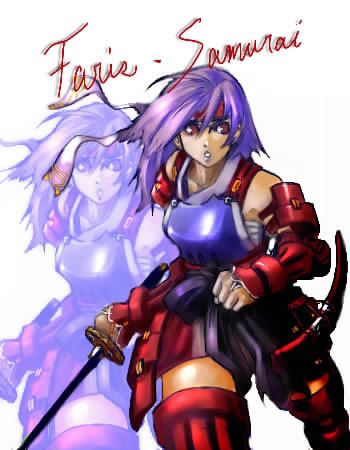 numany, faris scherwiz, final fantasy, final fantasy v, lowres, 1990s (style), 1girl, androgynous, armor, female focus, headband, katana, long hair, purple hair, red eyes, reverse trap, samurai, sarashi, solo, sword, weapon