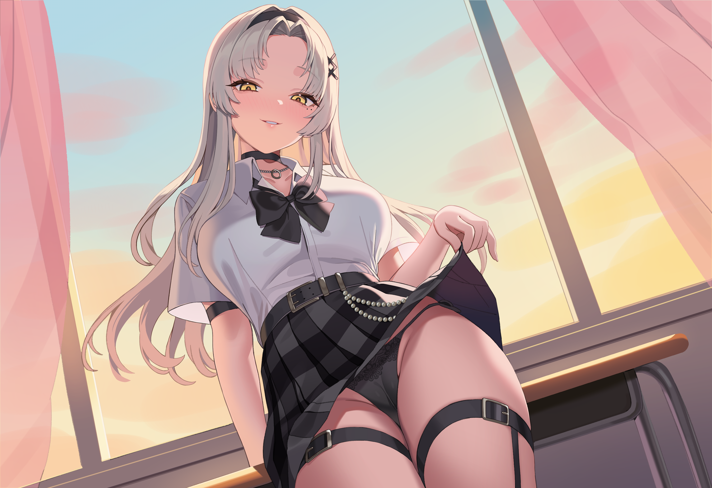 yan.c, indie virtual youtuber, highres, non-web source, black panties, bubblebebe, clothes lift, jewelry, mole, mole under eye, necklace, panties, ring, ring necklace, school uniform, skirt, skirt lift, string panties, thigh strap, underwear, virtual youtuber, white hair, yellow eyes