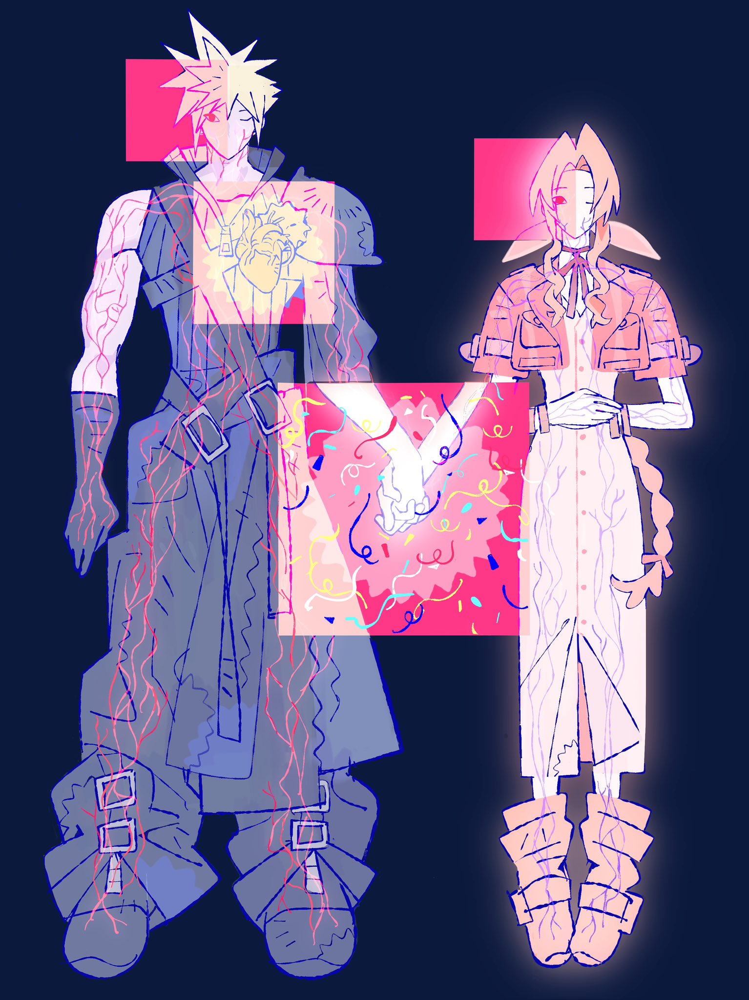 jaysoysaucee, aerith gainsborough, cloud strife, final fantasy, final fantasy vii, final fantasy vii: advent children, highres, 1boy, 1girl, armor, baggy pants, bangle, black background, black boots, black cape, black gloves, black pantyhose, black vest, blonde hair, boots, bracelet, braid, braided ponytail, brown boots, brown hair, buttons, cape, center opening, chest strap, choker, closed eyes, couple, cropped jacket, dress, full body, gloves, hair between eyes, hair ribbon, heart (organ), hetero, holding hands, jacket, jewelry, long dress, long hair, one eye closed, own hands together, pants, pantyhose, parted bangs, pauldrons, pink dress, pink ribbon, popped collar, red jacket, ribbon, ribbon choker, short hair, short sleeves, shoulder armor, sidelocks, single bare shoulder, single braid, single pauldron, spiked hair, streamers, veins, vest, waist cape