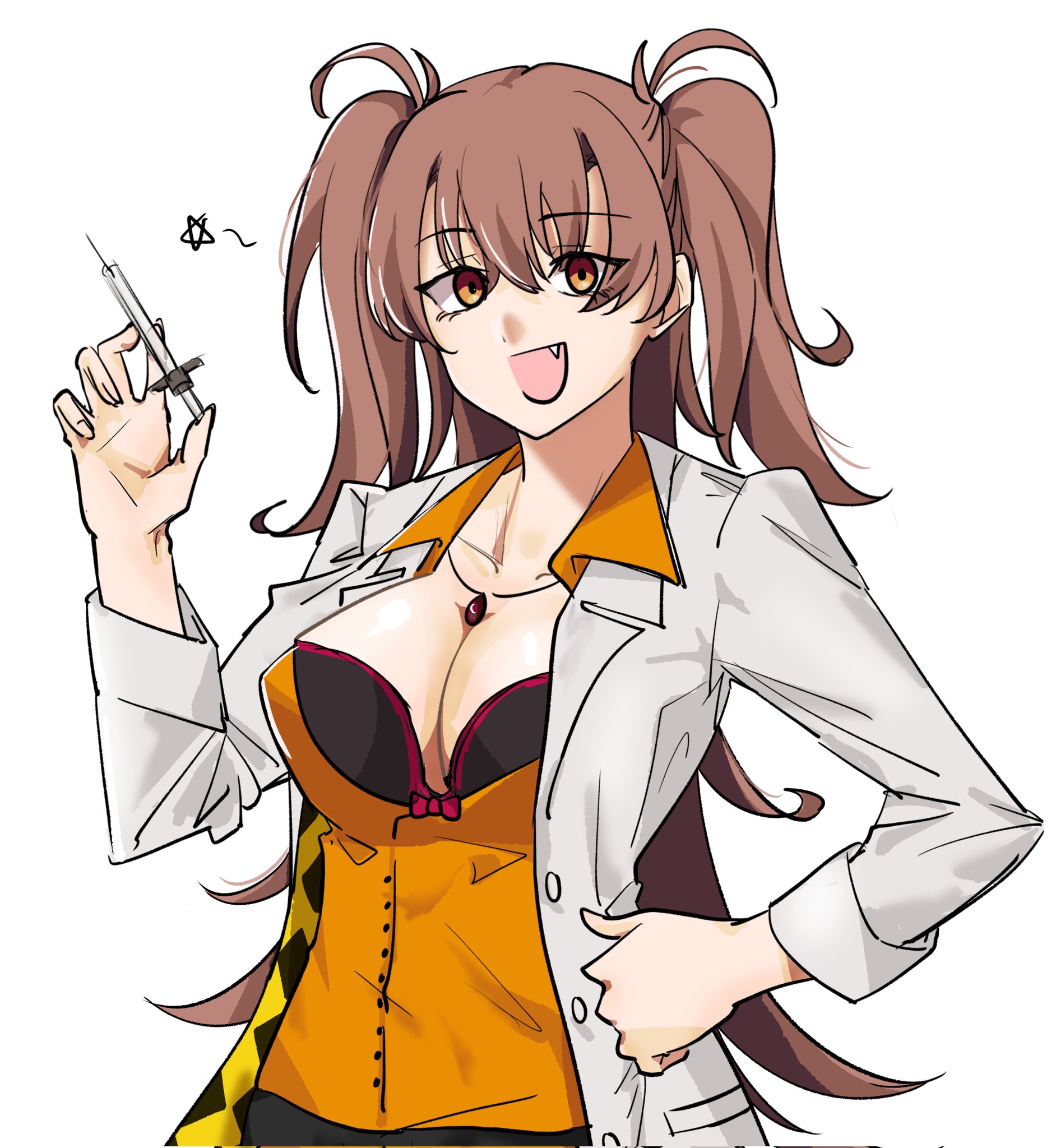 dr. arach, tsukihime, tsukihime (remake), commentary, highres, 1girl, bra, breasts, brown hair, cleavage, fang, haman 0110, hands on own hips, holding, holding syringe, huge breasts, jewelry, lab coat, lace, large breasts, long hair, looking at viewer, necklace, orange vest, smile, solo, syringe, twintails, underwear, vest, yellow eyes