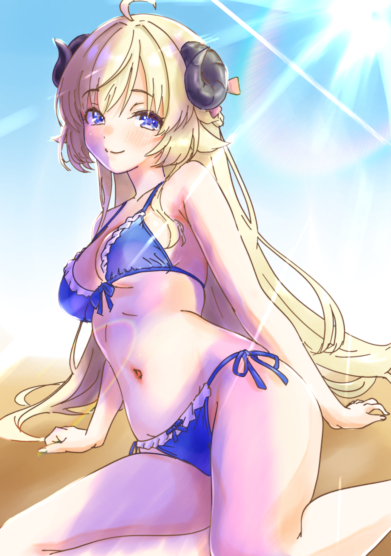 miruto2, tsunomaki watame, hololive, highres, 1girl, ahoge, animal ears, bikini, blonde hair, blue bikini, blue eyes, blush, bow, bow bikini, breasts, cleavage, horns, long hair, navel, sheep ears, sheep girl, sheep horns, side-tie bikini bottom, sitting, smile, solo, stomach, swimsuit, thighs, virtual youtuber