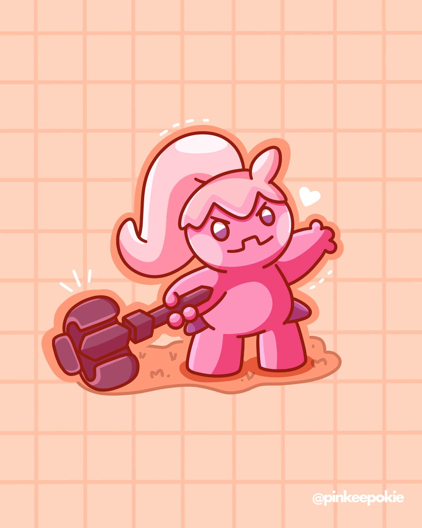 tinkatuff, nintendo, pokemon, commentary, english commentary, highres, brown outline, closed mouth, full body, grid background, hammer, heart, holding, holding hammer, instagram username, outline, pink background, pinkeepokie, pokemon (creature), pokemon focus, ponytail, smile, solo, standing