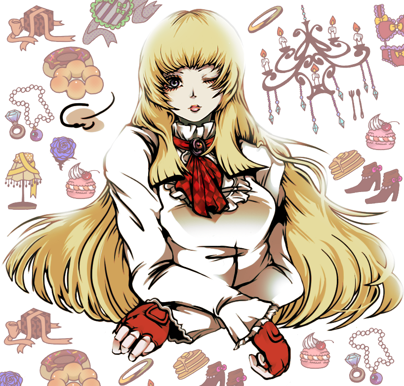 steve-fox, emilie de rochefort, namco, tekken, bad id, bad pixiv id, 1girl, blonde hair, blue eyes, boots, box, breasts, chandelier, donut, female focus, fingerless gloves, flower, food, fork, gift, gloves, heart, high heels, jewelry, lamp, large breasts, lingerie, lips, long hair, looking at viewer, necklace, necktie, one eye closed, ribbon, ring, rose, shoes, solo, spoon, underwear, white background, wink