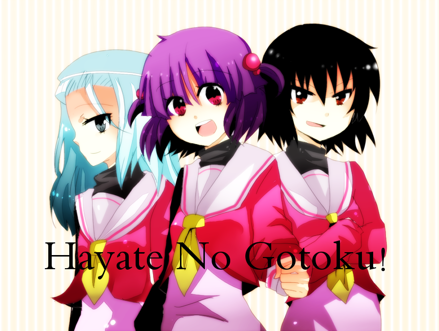 gumi (gelatin), asakaze risa, hanabishi miki, segawa izumi, hayate no gotoku!, bad id, bad pixiv id, black hair, blue eyes, blue hair, crossed arms, long hair, purple hair, red eyes, school uniform, short hair, twintails