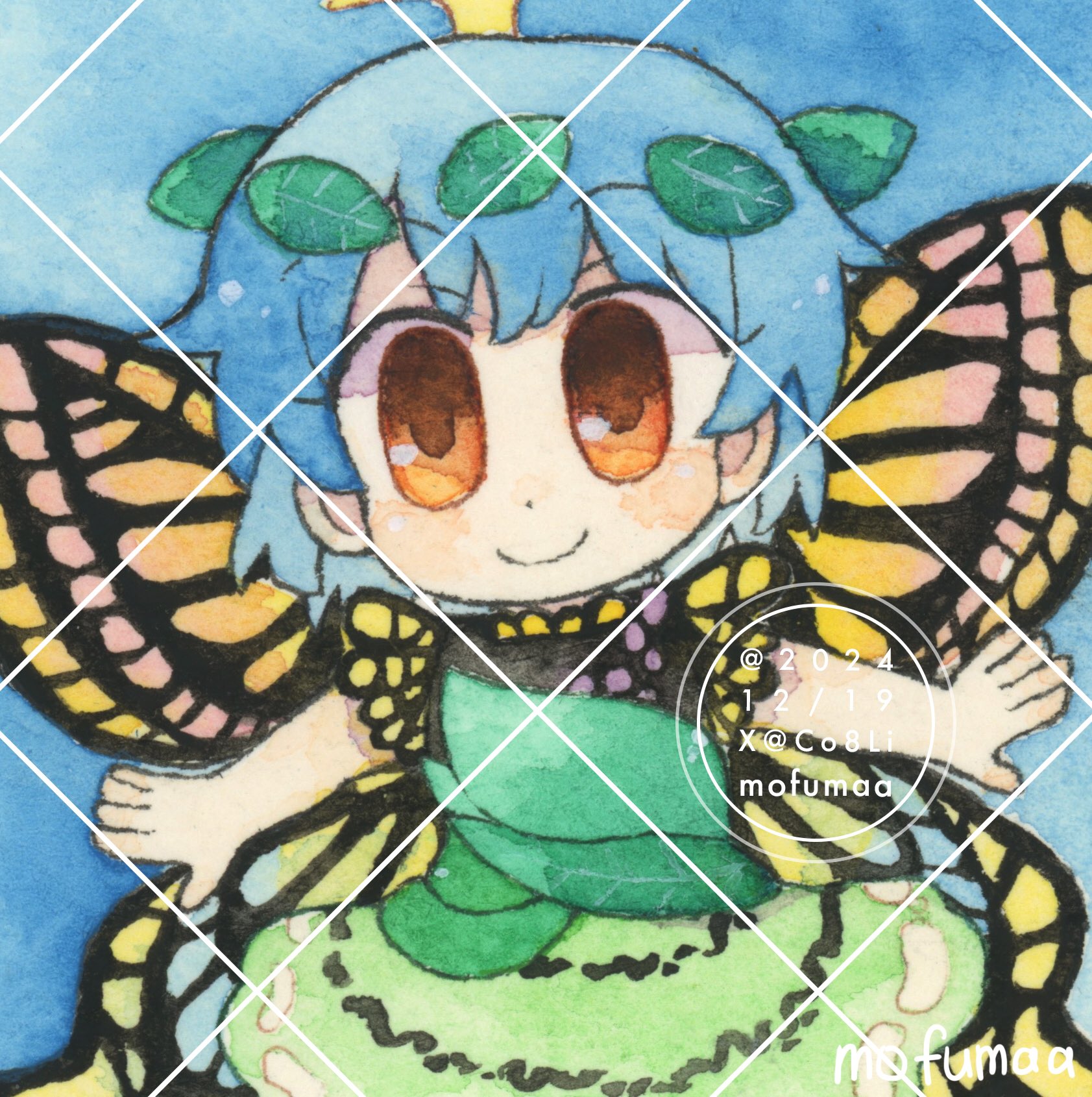 maa (forsythia1729), eternity larva, touhou, commentary, highres, traditional media, 1girl, antennae, artist name, blue background, blue hair, butterfly wings, chibi, chibi only, closed mouth, dated, dress, fairy, green dress, hair ornament, insect wings, leaf hair ornament, looking at viewer, multicolored dress, orange eyes, outstretched arms, short sleeves, smile, solo, spread arms, watermark, watermark grid, wings, yellow wings