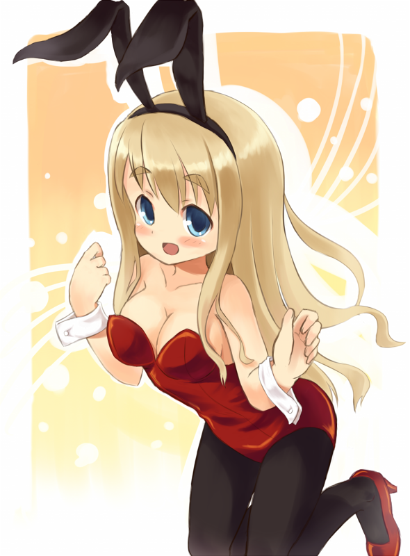 okiami, kotobuki tsumugi, k-on!, eyebrows, bad id, bad pixiv id, 1girl, animal ears, blonde hair, blue eyes, breasts, fake animal ears, female focus, gradient background, leaning forward, pantyhose, playboy bunny, rabbit ears, solo