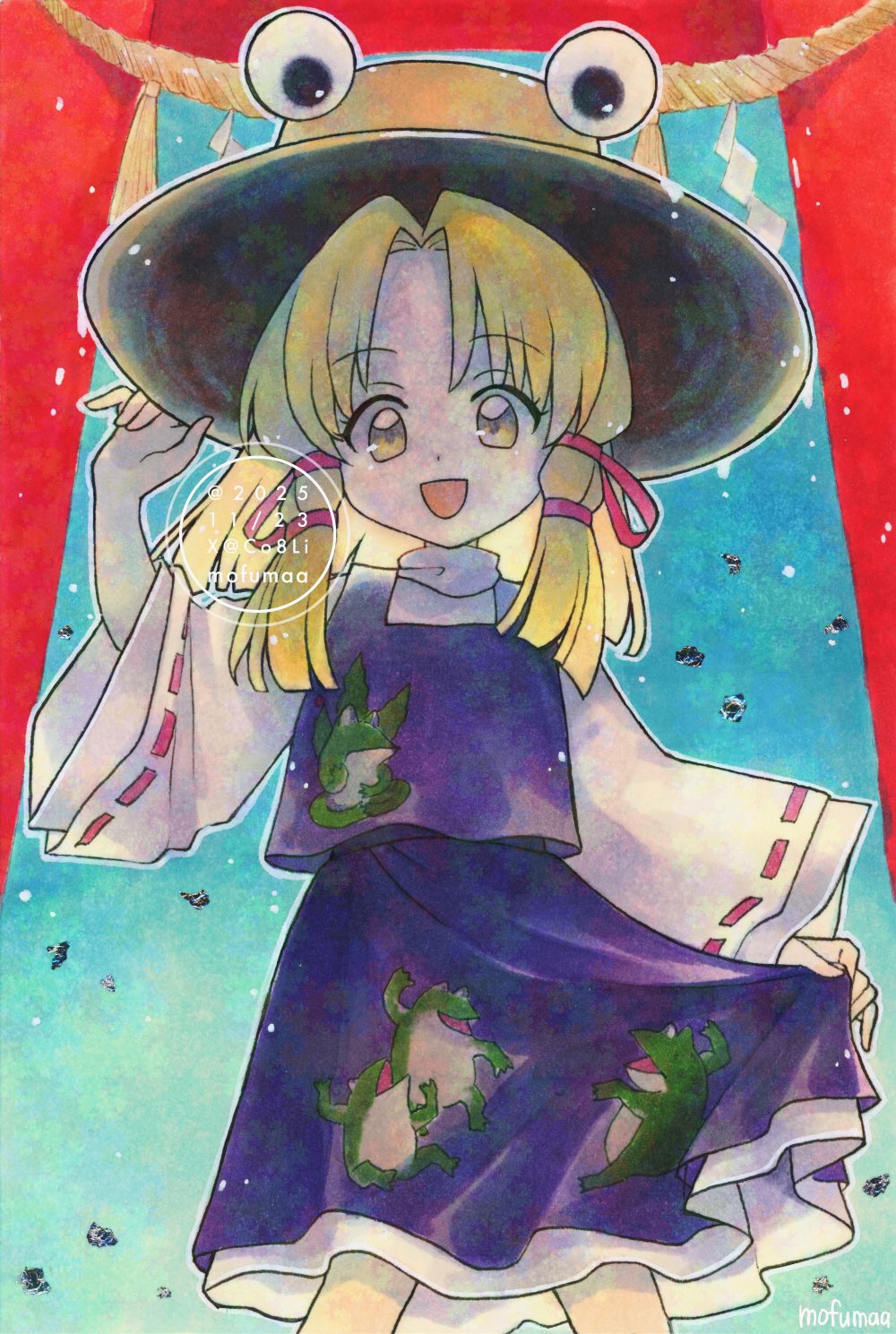 maa (forsythia1729), moriya suwako, touhou, adversarial noise, commentary, highres, traditional media, 1girl, animal print, artist name, blonde hair, brown hat, cowboy shot, dated, frog print, hair ribbon, hand on headwear, hat, long hair, long sleeves, looking at viewer, open mouth, pink ribbon, purple skirt, purple vest, ribbon, ribbon-trimmed sleeves, ribbon trim, skirt, skirt hold, skirt set, smile, solo, torii, tress ribbon, vest, watermark, wide sleeves, yellow eyes