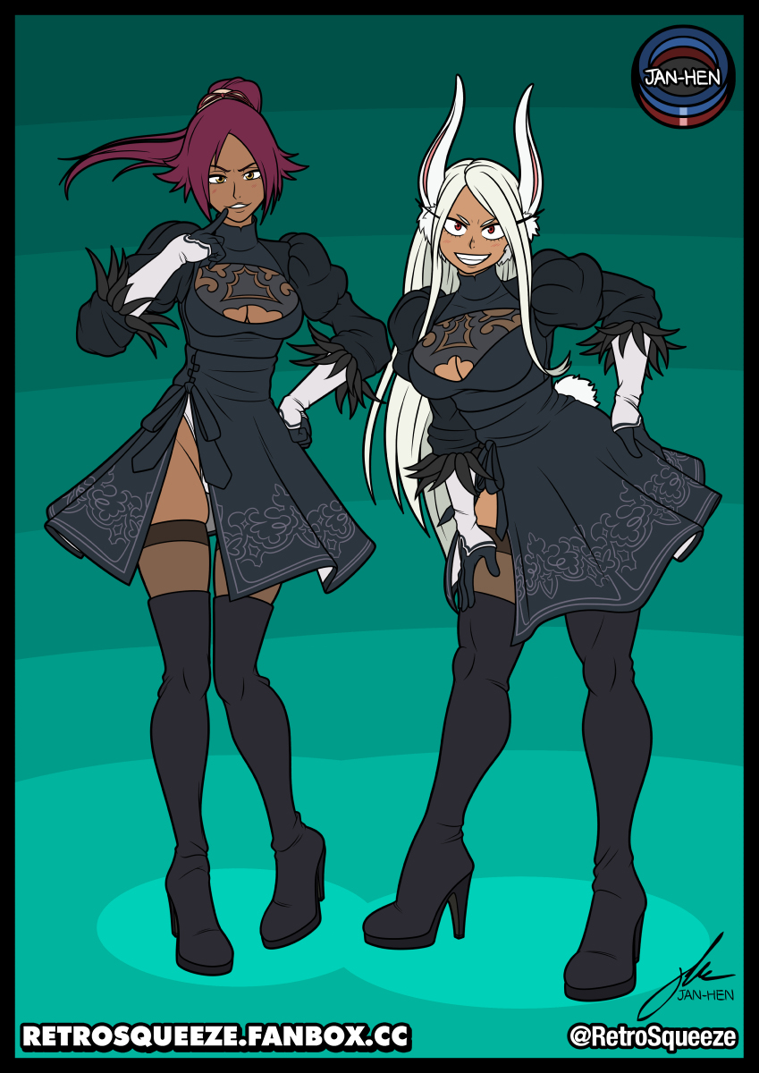 retrosqueeze, 2b (nier:automata), mirko, shihouin yoruichi, bleach, boku no hero academia, nier:automata, nier (series), 2b (nier:automata) (cosplay), 2girls, artist name, boots, breasts, cosplay, crossover, dark-skinned female, dark skin, fanbox username, full body, gloves, hair ornament, hand on own hip, long hair, medium breasts, multiple girls, ponytail, purple hair, rabbit ears, red eyes, simple background, teeth, thigh boots, white hair, yellow eyes