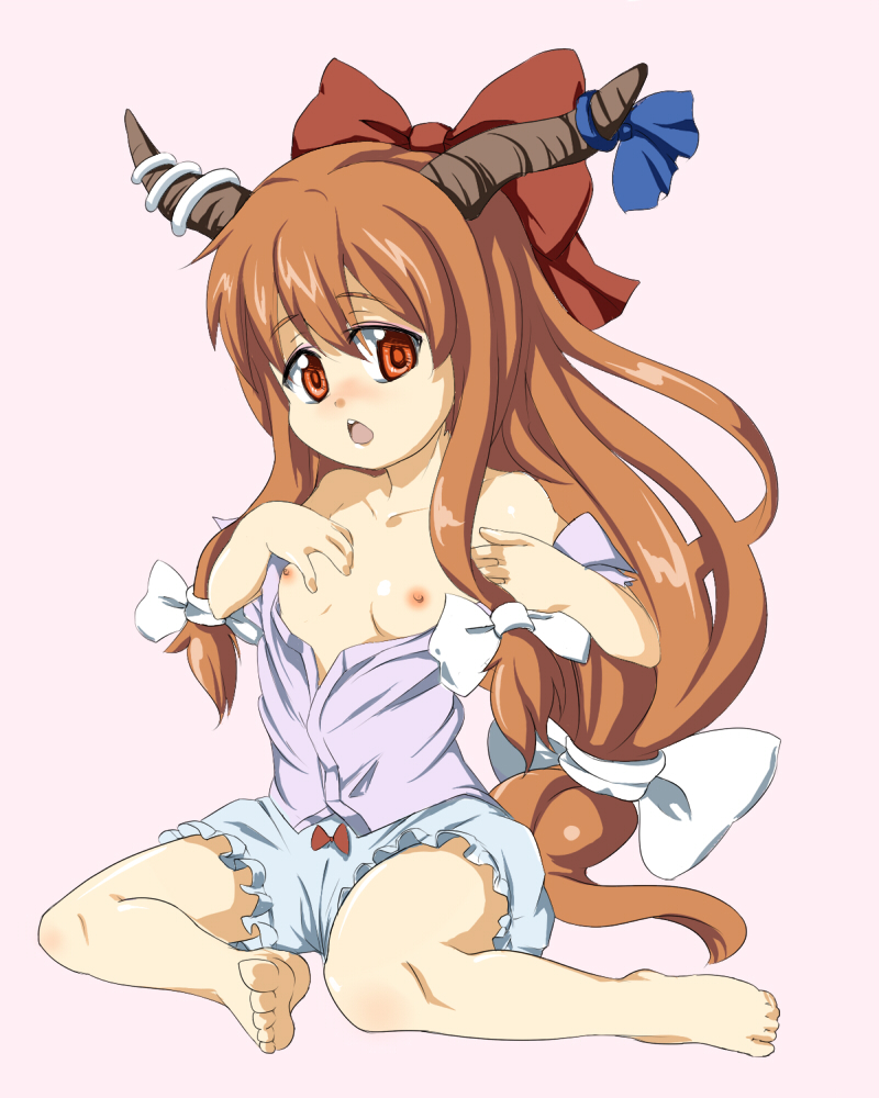 sipu, ibuki suika, touhou, bad id, bad pixiv id, 1girl, barefoot, blonde hair, bloomers, bow, bow bloomers, feet, female focus, flat chest, horns, loli, long hair, nipples, open mouth, red eyes, solo, toes, underwear