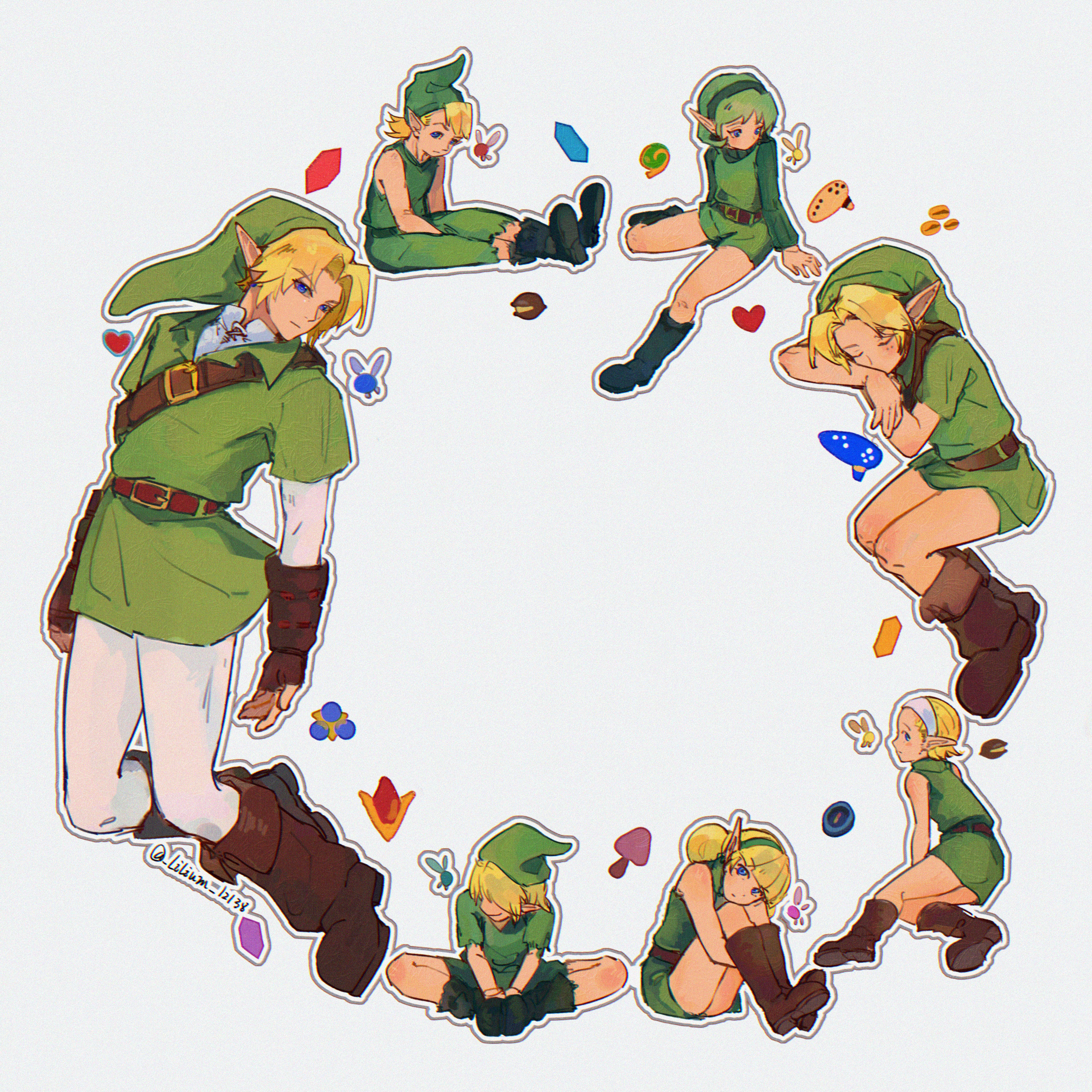 lilium815719, fado (ocarina of time), link, mido (zelda), navi, saria (zelda), young link, nintendo, the legend of zelda, the legend of zelda: ocarina of time, absurdres, highres, 3girls, 4boys, blonde hair, boots, brown boots, circle formation, dual persona, fairy, green hair, green hat, green shorts, green tunic, hat, heart container, instrument, knees to chest, kokiri, multiple boys, multiple girls, mushroom, ocarina, pants, phrygian cap, rupee (zelda), shorts, sitting, tunic, white pants