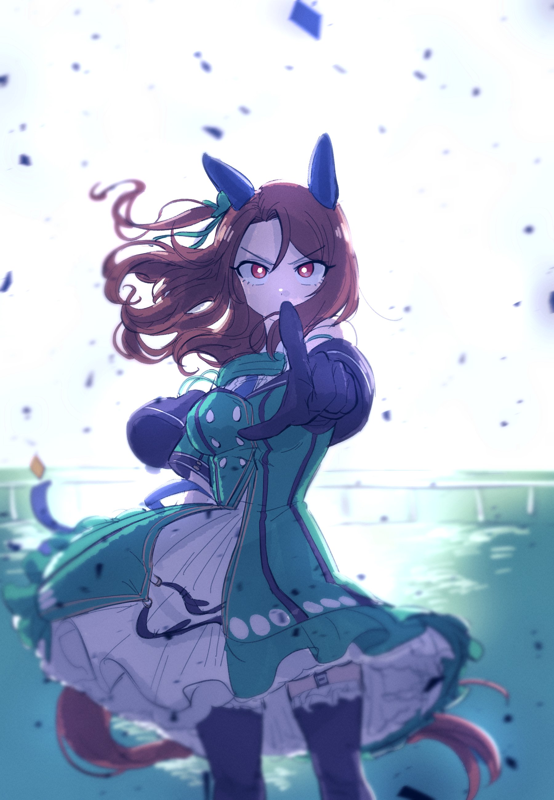 hobgoblin-kim, king halo (king of emeralds) (umamusume), king halo (umamusume), umamusume, absurdres, highres, 1girl, animal ears, black gloves, black thighhighs, brown hair, dress, ear covers, frilled dress, frills, gloves, green dress, horse ears, horse tail, looking at viewer, red eyes, solo, tail, thighhighs