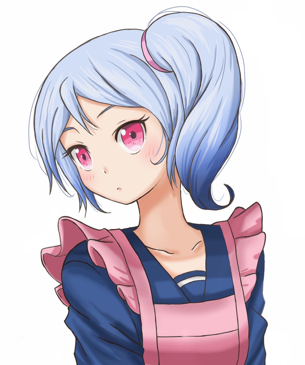 emapippi, jikkyou powerful pro yakyuu, power pro appli, highres, 1girl, apron, blue shirt, close-up, looking at viewer, one side up, pink apron, purple hair, red eyes, school uniform, shidou remi, shirt, solo, upper body, white background