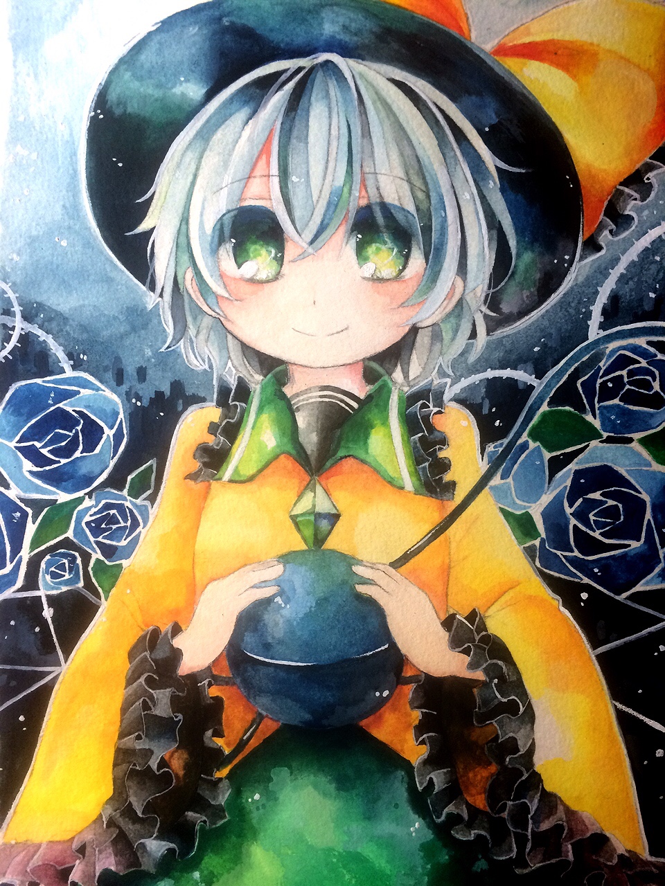 maa (forsythia1729), komeiji koishi, touhou, commentary request, highres, traditional media, 1girl, black hat, blue flower, blue rose, bow, buttons, closed mouth, collared shirt, cowboy shot, diamond button, eyeball, flower, frilled shirt collar, frilled sleeves, frills, green eyes, green hair, green skirt, hat, hat bow, long sleeves, looking at viewer, rose, shirt, skirt, smile, solo, third eye, wide sleeves, yellow bow, yellow shirt