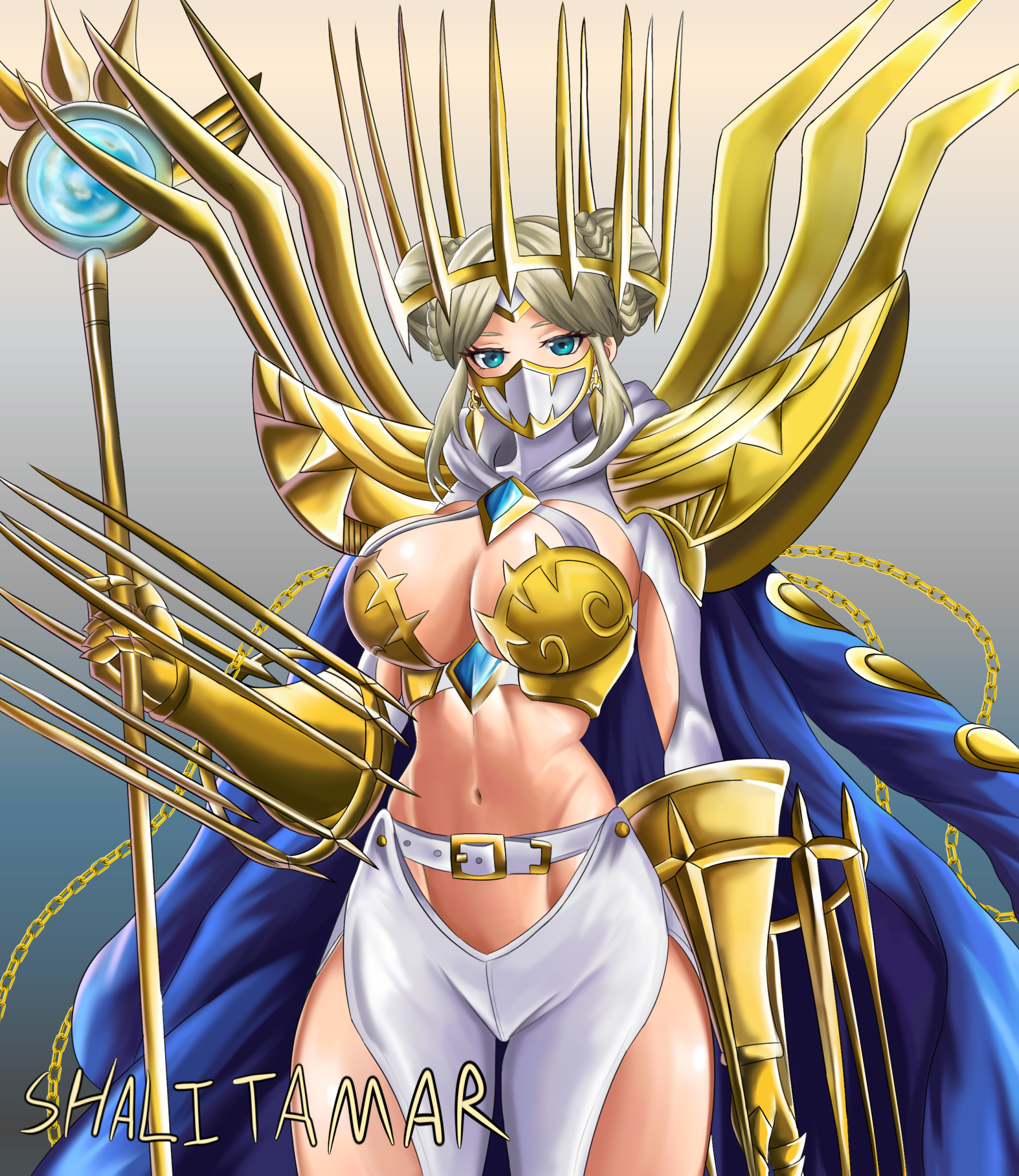 shalitamar, junomon, digimon, blue gem, commentary, highres, 1girl, armor, artist name, belt, blonde hair, blue coat, blue eyes, boobplate, braid, braided bun, breastplate, breasts, chain, cleavage, clothing cutout, coat, coat on shoulders, cowboy shot, crown, digimon (creature), double bun, earrings, gauntlets, gem, gold armor, gold chain, gold crown, groin, hair bun, holding, holding staff, hooded shrug, jewelry, large breasts, looking at viewer, mask, mouth mask, navel, ninja mask, pants, parted bangs, shoulder armor, shrug (clothing), sidelocks, simple background, solo, staff, standing, stomach, thigh cutout, white belt, white mask, white pants, white shrug