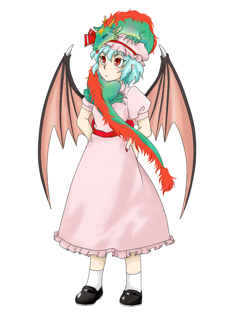 torazima, hong meiling, remilia scarlet, touhou, artist request, 1girl, bat wings, blue hair, blush, bow, closed eyes, dragon, dress, female focus, frown, full body, hat, horns, red eyes, red hair, short hair, simple background, sleeping, solo, tail, vampire, white background, wings