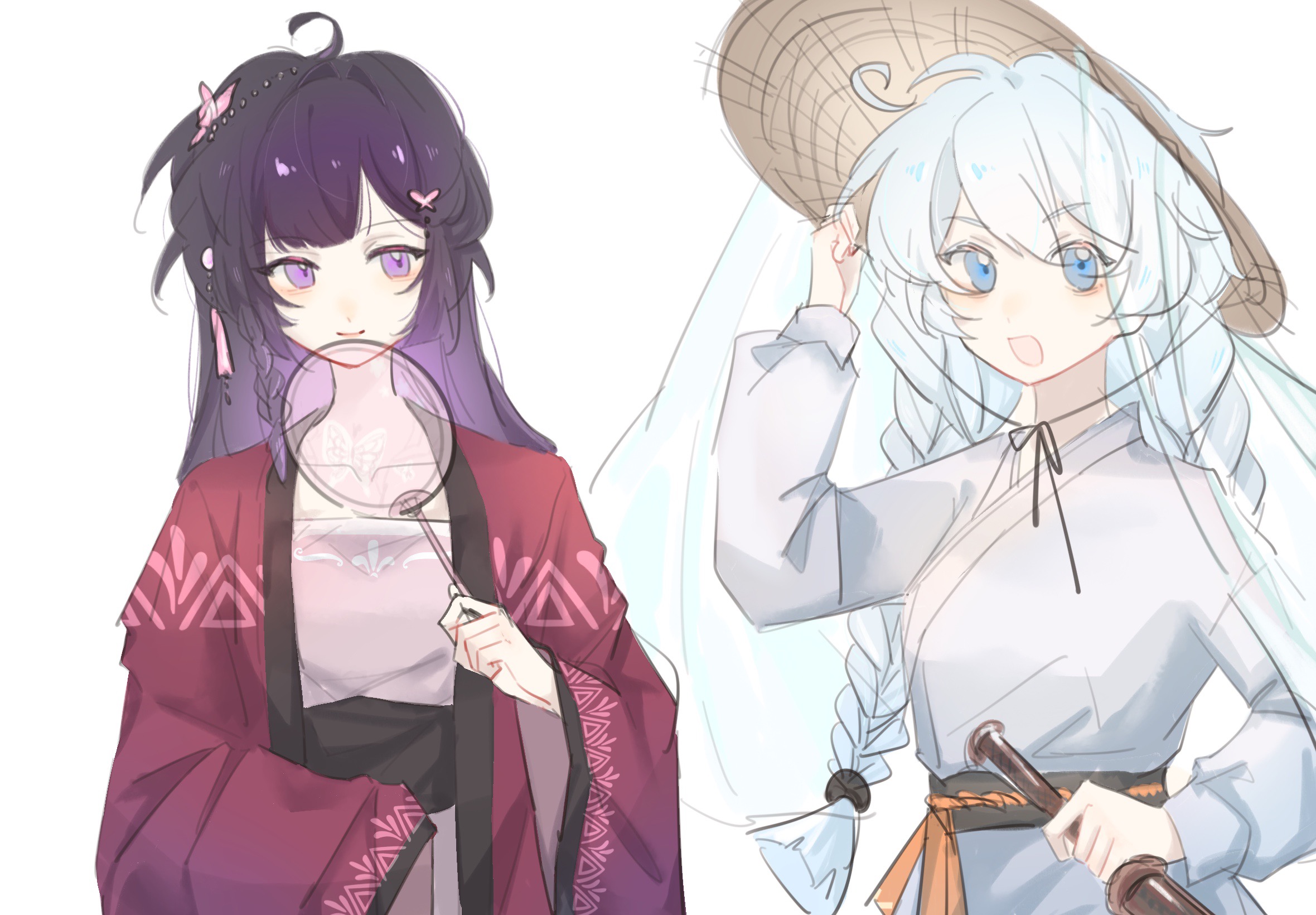 kiana kaslana, raiden mei, honkai (series), honkai impact 3rd, chinese commentary, highres, 2girls, alternate costume, aqiaoxiangwuxian, blue eyes, braid, chinese clothes, closed mouth, couple, hair between eyes, hair ornament, hand fan, hat, holding, light smile, long hair, long sleeves, looking at viewer, multiple girls, open mouth, purple eyes, purple hair, sword, twin braids, weapon, white hair, wide sleeves, yuri