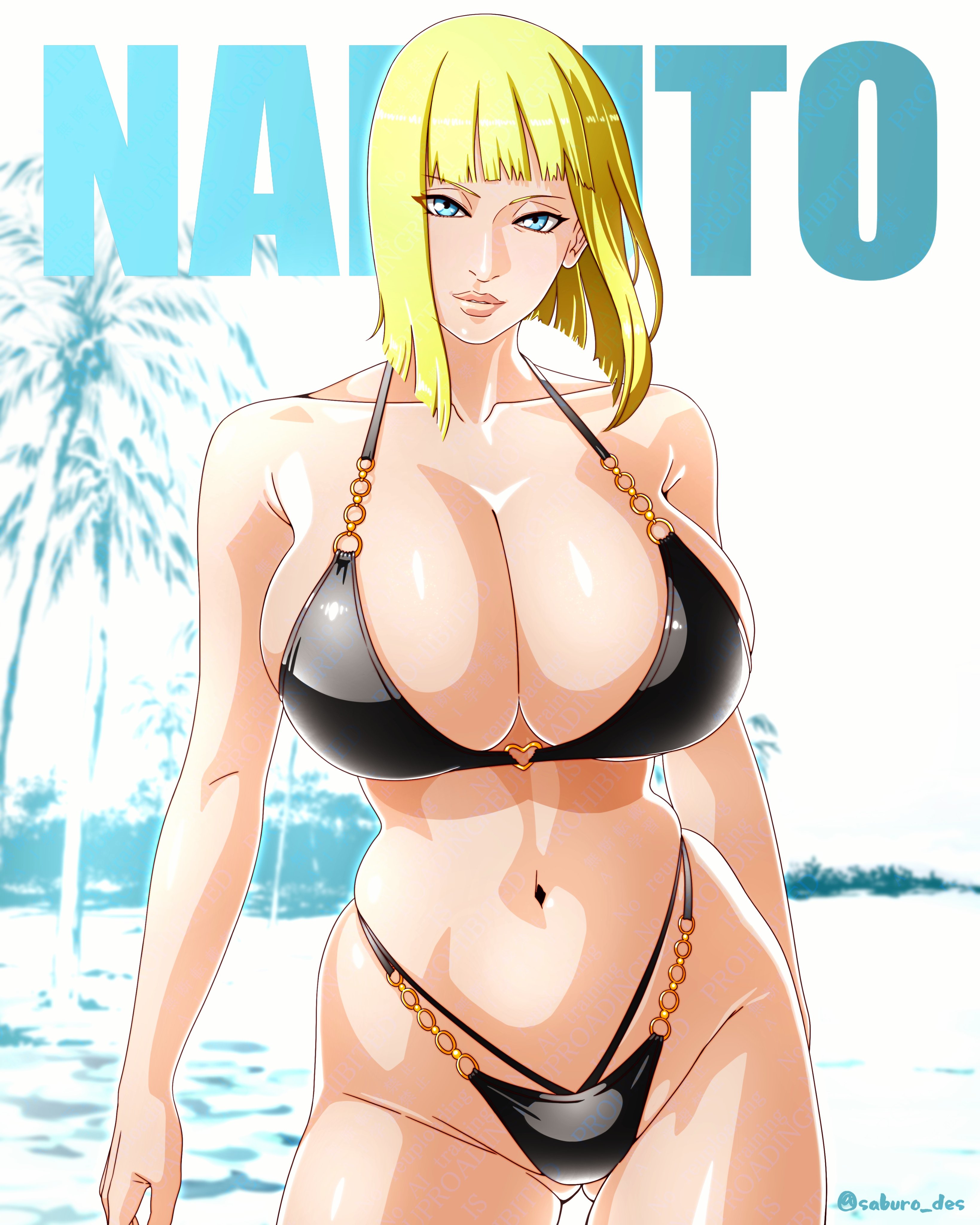 saburo des, samui (naruto), naruto (series), absurdres, highres, 1girl, bare shoulders, beach, bikini, blonde hair, blue eyes, breasts, curvy, gluteal fold, heart, huge breasts, looking at viewer, medium hair, navel, palm tree, solo, swimsuit, thighs, tree, twitter username