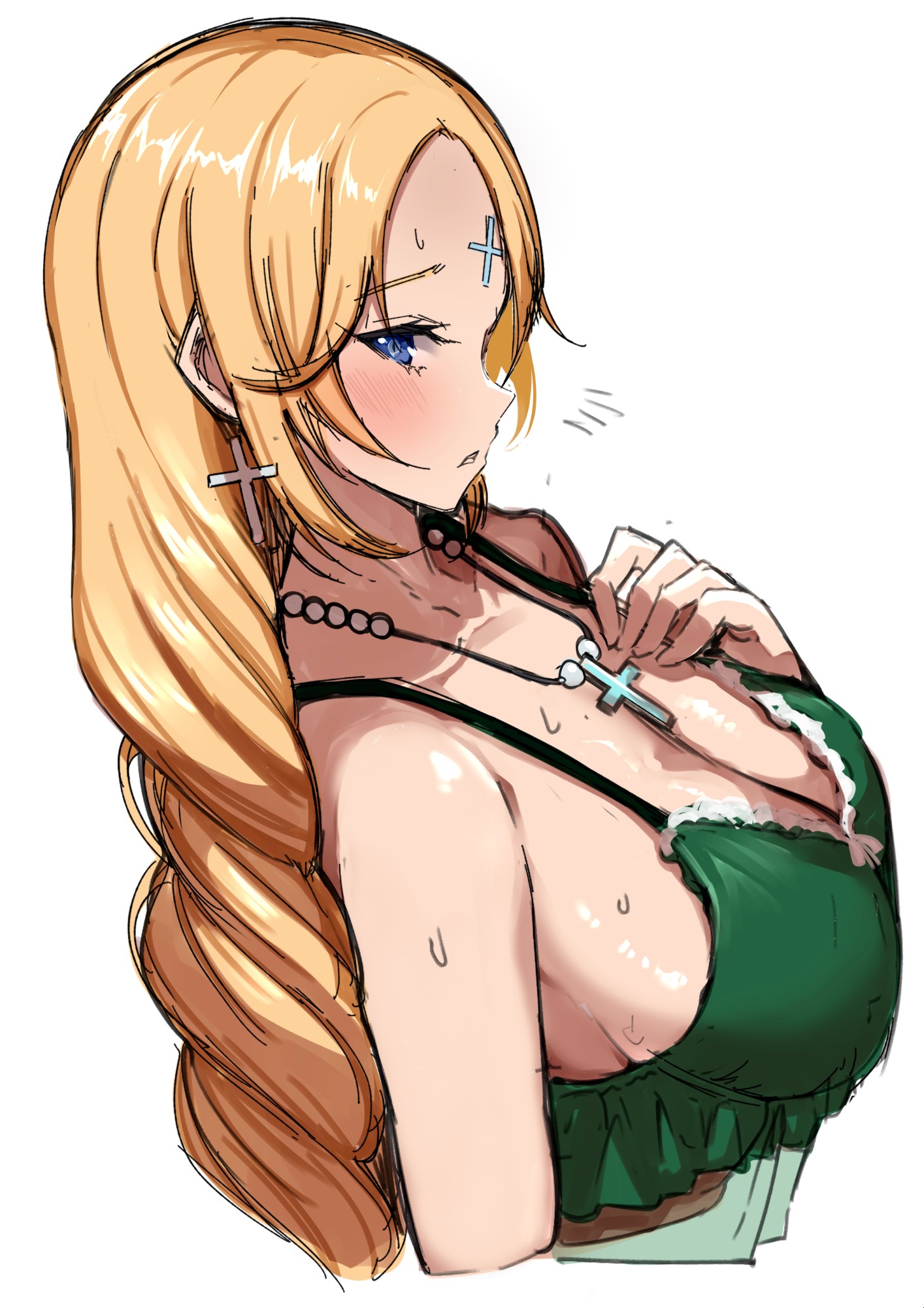 rapunzel (nikke), rapunzel (pure grace) (nikke), goddess of victory: nikke, commentary, highres, 1girl, alternate costume, bare shoulders, blonde hair, blue eyes, braid, breasts, cleavage, collarbone, cropped arm, cropped torso, cross, cross earrings, cross facial mark, cross necklace, earrings, facial mark, forehead, frilled negligee, from side, gizza (k2warp), green negligee, hand on own chest, hand up, jewelry, large breasts, light blush, lingerie, long braid, long hair, looking at viewer, necklace, negligee, notice lines, parted lips, sideboob, sideways glance, simple background, solo, sweat, swept bangs, underwear, white background