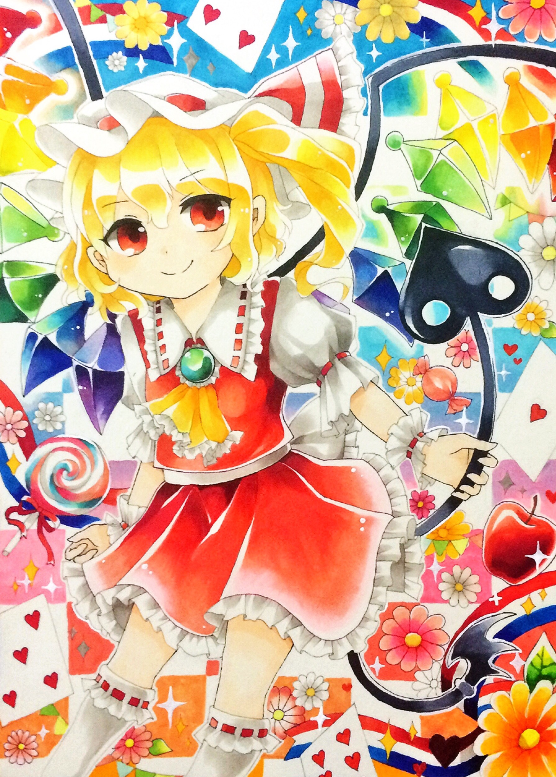 maa (forsythia1729), flandre scarlet, touhou, absurdres, commentary request, flower request, highres, marker (medium), traditional media, 1girl, ascot, blonde hair, candy, card, closed mouth, crystal, crystal wings, flower, food, frilled skirt, frills, hat, heart, holding, holding weapon, laevatein (touhou), lollipop, mob cap, multicolored wings, one side up, pink flower, playing card, puffy short sleeves, puffy sleeves, red eyes, red skirt, red vest, ribbon-trimmed collar, ribbon-trimmed socks, ribbon trim, short sleeves, skirt, skirt set, smile, socks, solo, swirl lollipop, vest, weapon, white flower, white hat, white socks, wings, wrist cuffs, yellow ascot, yellow flower