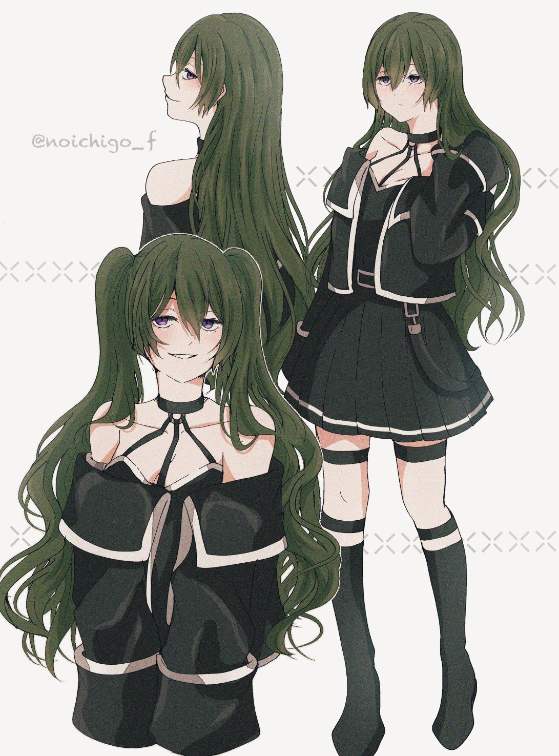 noichigo f, ubel (sousou no frieren), sousou no frieren, highres, bare shoulders, black boots, black dress, black jacket, boots, breasts, cleavage, closed mouth, dress, green eyes, hair between eyes, hand in own hair, jacket, knee boots, long hair, medium breasts, multiple views, off-shoulder jacket, off shoulder, parted lips, pleated dress, purple eyes, smile, thigh strap, thighhighs, twintails, twitter username, upper body, white thighhighs