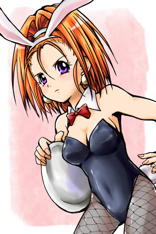 namako nowata, barbara (dq6), dragon quest, dragon quest vi, 1girl, animal ears, blush, bow, bowtie, breasts, cleavage, earrings, fake animal ears, female focus, fishnet pantyhose, fishnets, forehead, high ponytail, jewelry, long hair, orange hair, pantyhose, playboy bunny, ponytail, purple eyes, rabbit ears, rabbit tail, solo, tail, tray