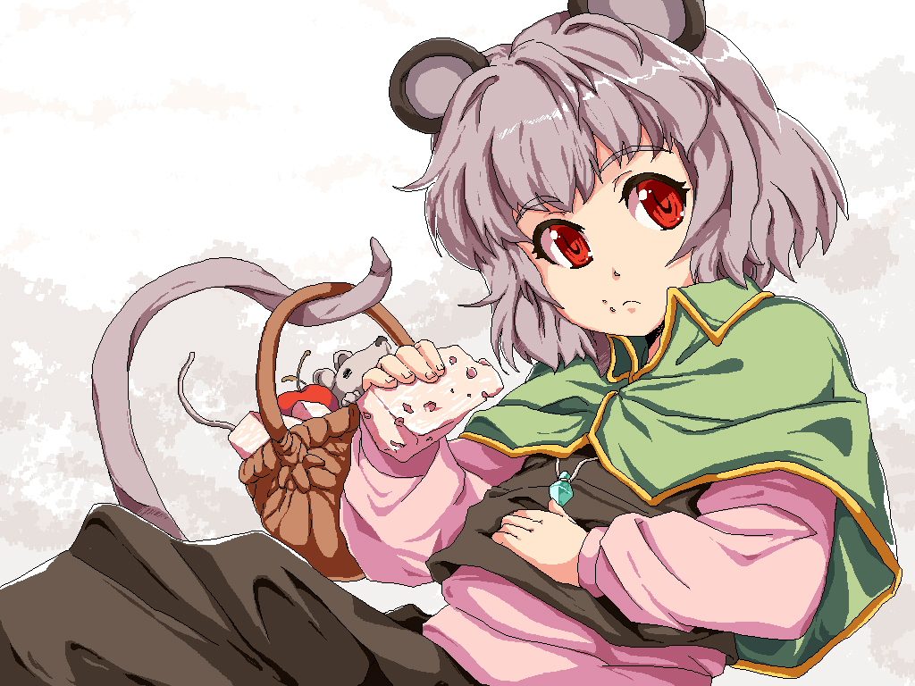tenpura (tenpura621), nazrin, touhou, bad id, bad pixiv id, 1girl, animal ears, basket, cheese, female focus, food, grey hair, jewelry, mouse (animal), mouse ears, mouse tail, pendant, red eyes, short hair, solo, tail