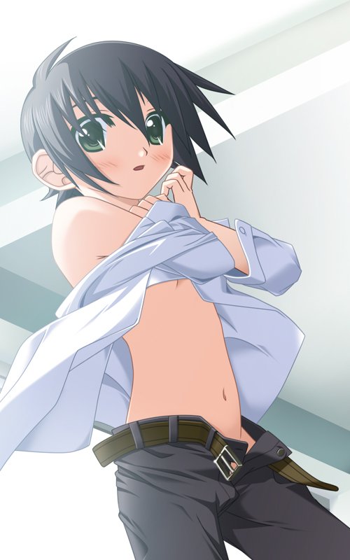 rankei, kino (kino no tabi), kino no tabi, 00s, 1girl, ahoge, androgynous, bare shoulders, belt, black hair, blush, breasts, dress shirt, female focus, flat chest, from below, green eyes, midriff, no panties, open fly, reverse trap, shirt, short hair, small breasts, solo, underboob, undressing, unzipped