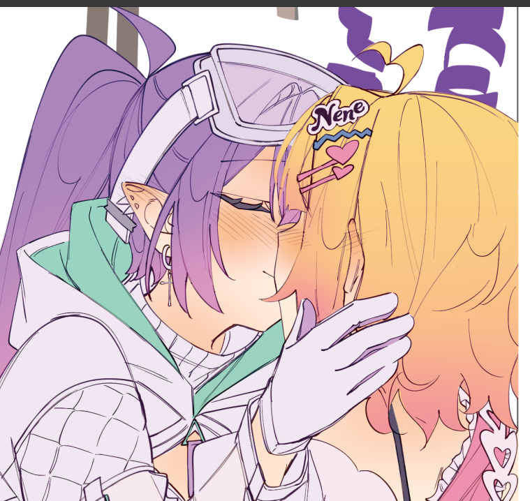 legzy, momosuzu nene, momosuzu nene (cheerleader), tokoyami towa, tokoyami towa (cyberpunk), hololive, commentary, english commentary, 2girls, ahoge, armband, blonde hair, blush, character name, closed eyes, closed mouth, couple, ear blush, ear piercing, earrings, eyewear on head, gloves, goggles, goggles on head, gradient hair, hair ornament, hairclip, heart, high ponytail, hooded shrug, jewelry, kiss, long hair, medium hair, multicolored gloves, multicolored hair, multiple girls, official alternate costume, official alternate hairstyle, piercing, pink armband, pink hair, pointy ears, ponytail, purple gloves, purple hair, shrug (clothing), sidelocks, two-sided gloves, two-tone gloves, upper body, virtual youtuber, white gloves, white shrug, yuri
