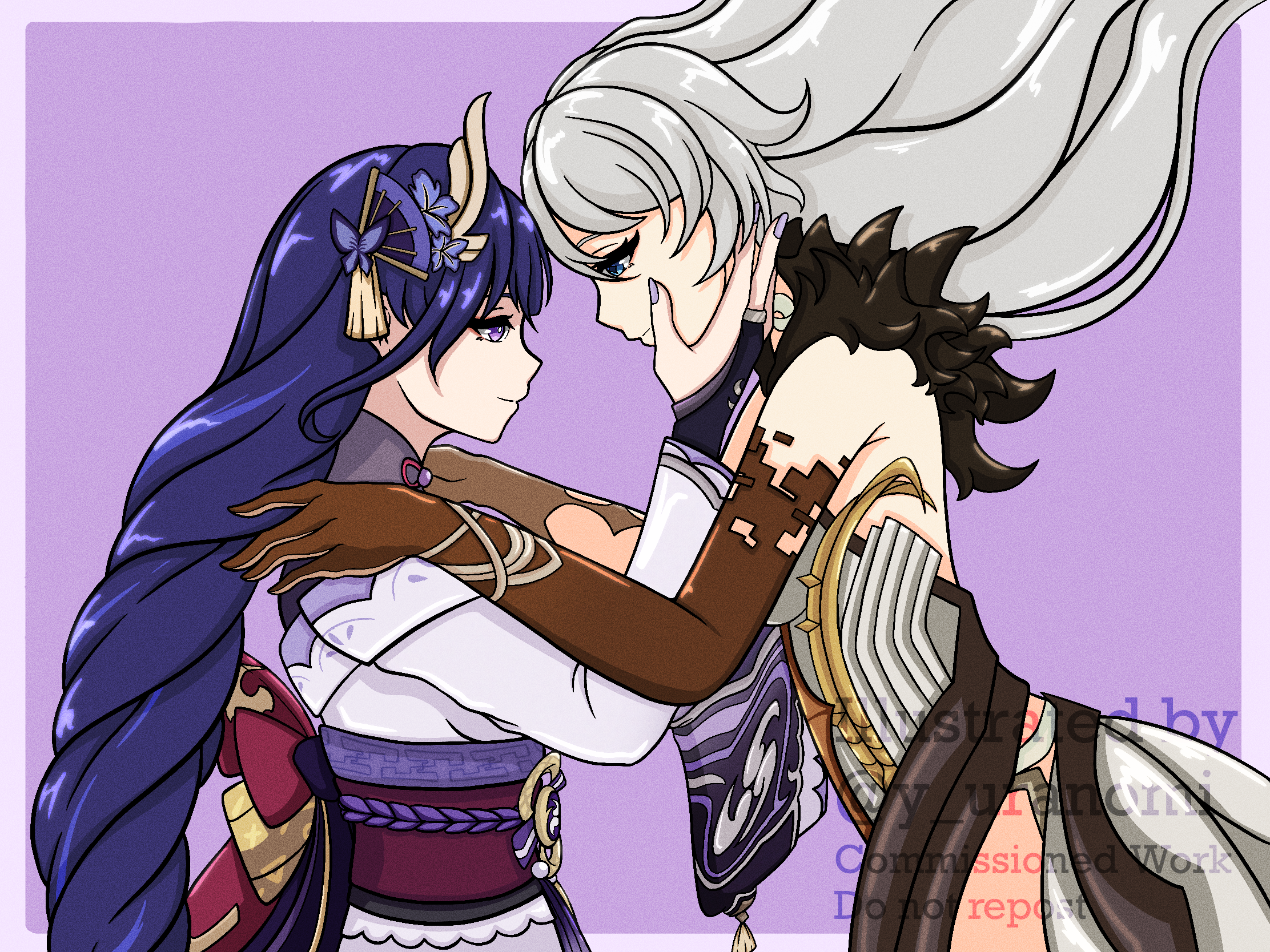 asmoday (genshin impact), raiden shogun, genshin impact, highres, + +, 2girls, artist name, back bow, bare shoulders, black fur, blue eyes, blunt bangs, bow, braid, bridal gauntlets, closed mouth, colored skin, couple, fan hair ornament, floating hair, from side, fur trim, grey hair, hair between eyes, hair floating upwards, hair ornament, hands on another's cheeks, hands on another's face, hands on another's shoulders, japanese clothes, kimono, leaning forward, long braid, long hair, looking at another, looking down, looking up, multicolored skin, multiple girls, purple background, purple eyes, purple hair, purple kimono, purple nails, red sash, sash, single braid, star-shaped pupils, star (symbol), symbol-shaped pupils, two-tone skin, upper body, watermark, yuranomi, yuri