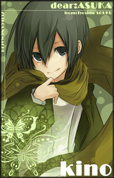 souku choshin, kino (kino no tabi), kino no tabi, 00s, 1girl, androgynous, artist name, black eyes, black hair, character name, coat, female focus, jacket, looking at viewer, reverse trap, scarf, short hair, smile, solo