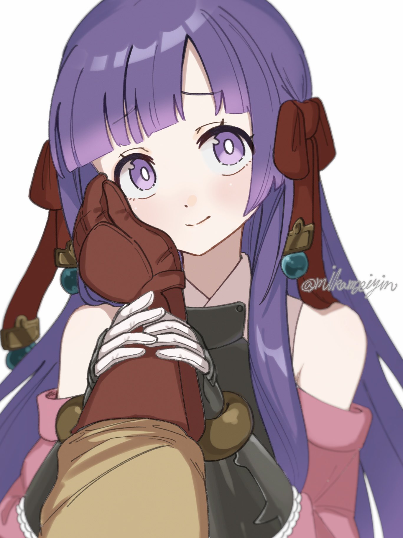 mikamseizin, arianna caledonia, fafnir no kishi (sekaiju), etrian odyssey, sekaiju no meikyuu, shin sekaiju no meikyuu 2, highres, 1boy, 1girl, armor, bare shoulders, blush, breastplate, detached sleeves, gauntlets, hair ribbon, hand on another's face, long hair, pink sleeves, pov, purple eyes, purple hair, red ribbon, ribbon, shirt, solo focus, twitter username, white shirt