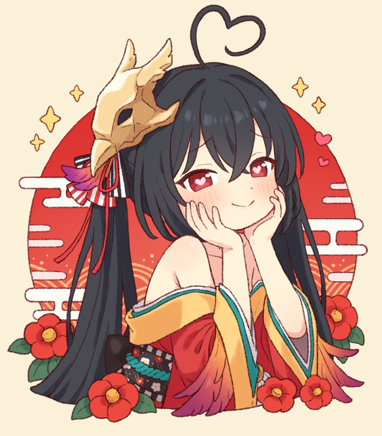 onyhakase, taihou-chan (azur lane), azur lane, commentary, 1girl, ahoge, black hair, flower, heart, heart-shaped pupils, heart ahoge, japanese clothes, kimono, long hair, mask, mask on head, red eyes, red kimono, smile, solo, symbol-shaped pupils