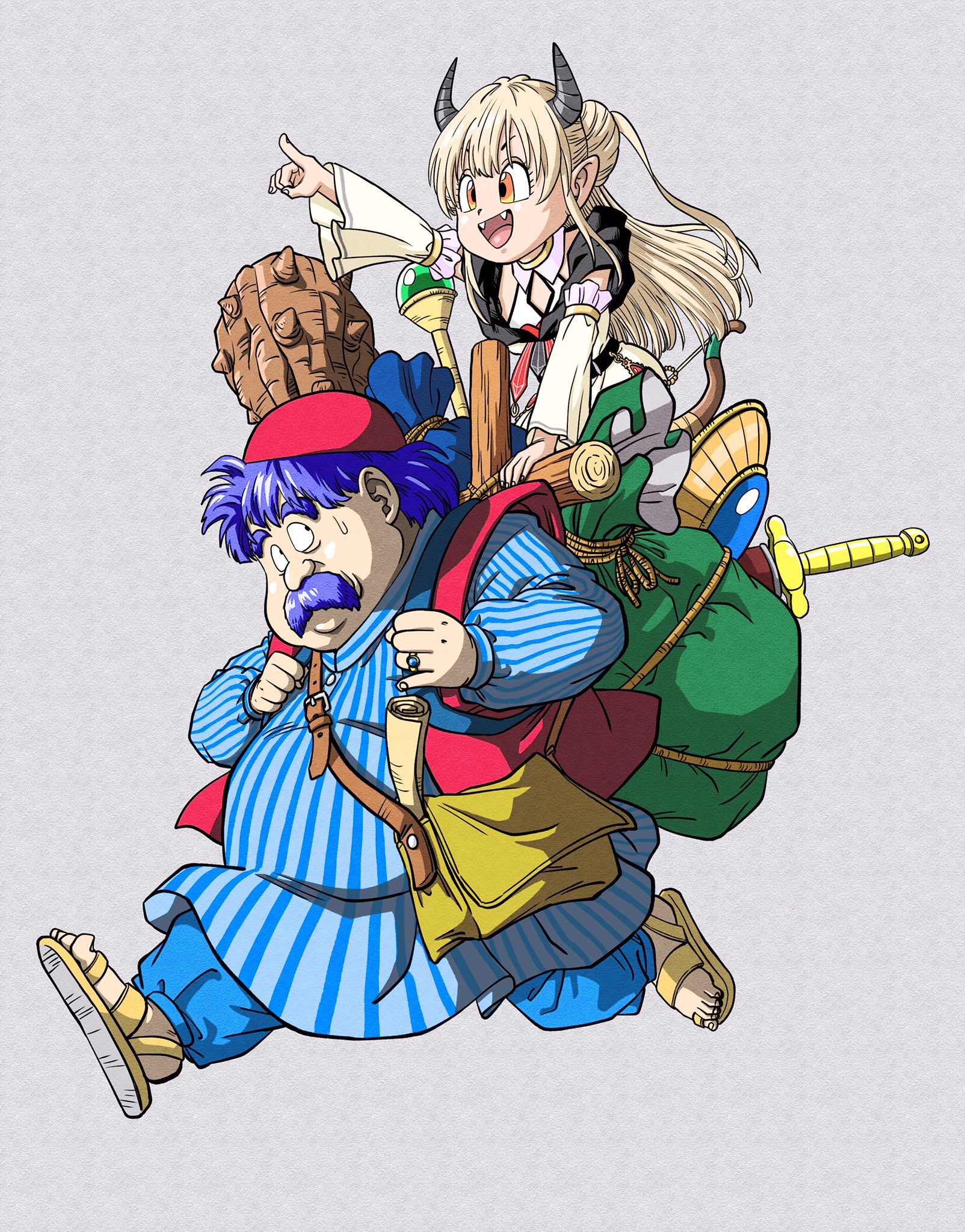 lee (dragon garou), torneko, dragon quest, dragon quest iv, indie virtual youtuber, commentary request, highres, 1boy, 1girl, bag, blonde hair, blue hair, bow (weapon), club (weapon), detached sleeves, facial hair, fangs, fat, fat man, hat, hizuki kanon, horns, log, long hair, map, mustache, orange eyes, parody, pointing, red hat, sack, sandals, scepter, shield, style parody, sweatdrop, sword, toriyama akira (style), virtual youtuber, weapon