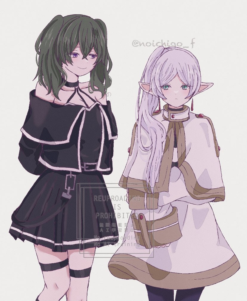 noichigo f, frieren, ubel (sousou no frieren), sousou no frieren, alternate hairstyle, arms behind back, bare shoulders, black dress, black jacket, black pantyhose, breasts, capelet, cleavage, closed mouth, cow, cowboy shot, crossed bangs, dress, earrings, elf, gold trim, green eyes, green hair, grey hair, hair between eyes, hair over shoulder, hairstyle switch, halter dress, halterneck, hand on own arm, jacket, jewelry, long hair, looking at another, medium breasts, off-shoulder jacket, off shoulder, pantyhose, parted bangs, pleated dress, pointy ears, purple eyes, shirt, side ponytail, skirt, smile, striped clothes, striped shirt, thigh strap, twintails, twitter username, white background, white capelet, white jacket, white skirt, white trim