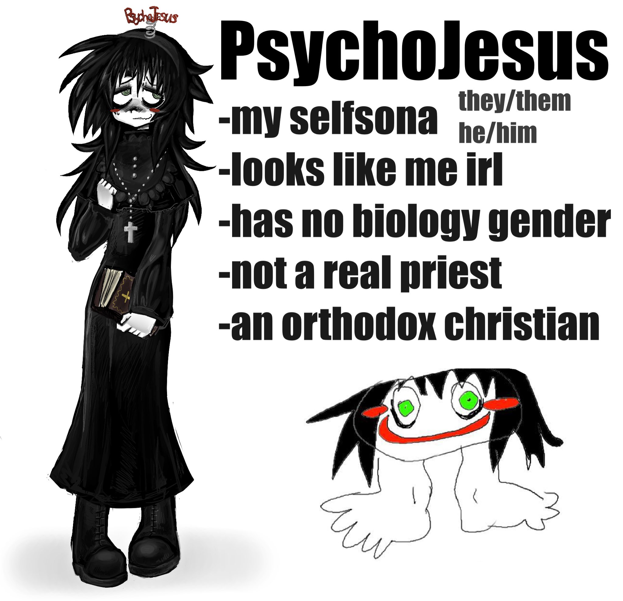 original, the bible, commentary, english commentary, highres, 1boy, artist self-insert, bible (object), biob0t, black hair, book, character name, character profile, character pronouns, chibi, chibi inset, christianity, english text, full body, green eyes, holding, holding book, long hair, looking at viewer, looking up, psychojesus (biob0t), raised inner eyebrows, standing, white background