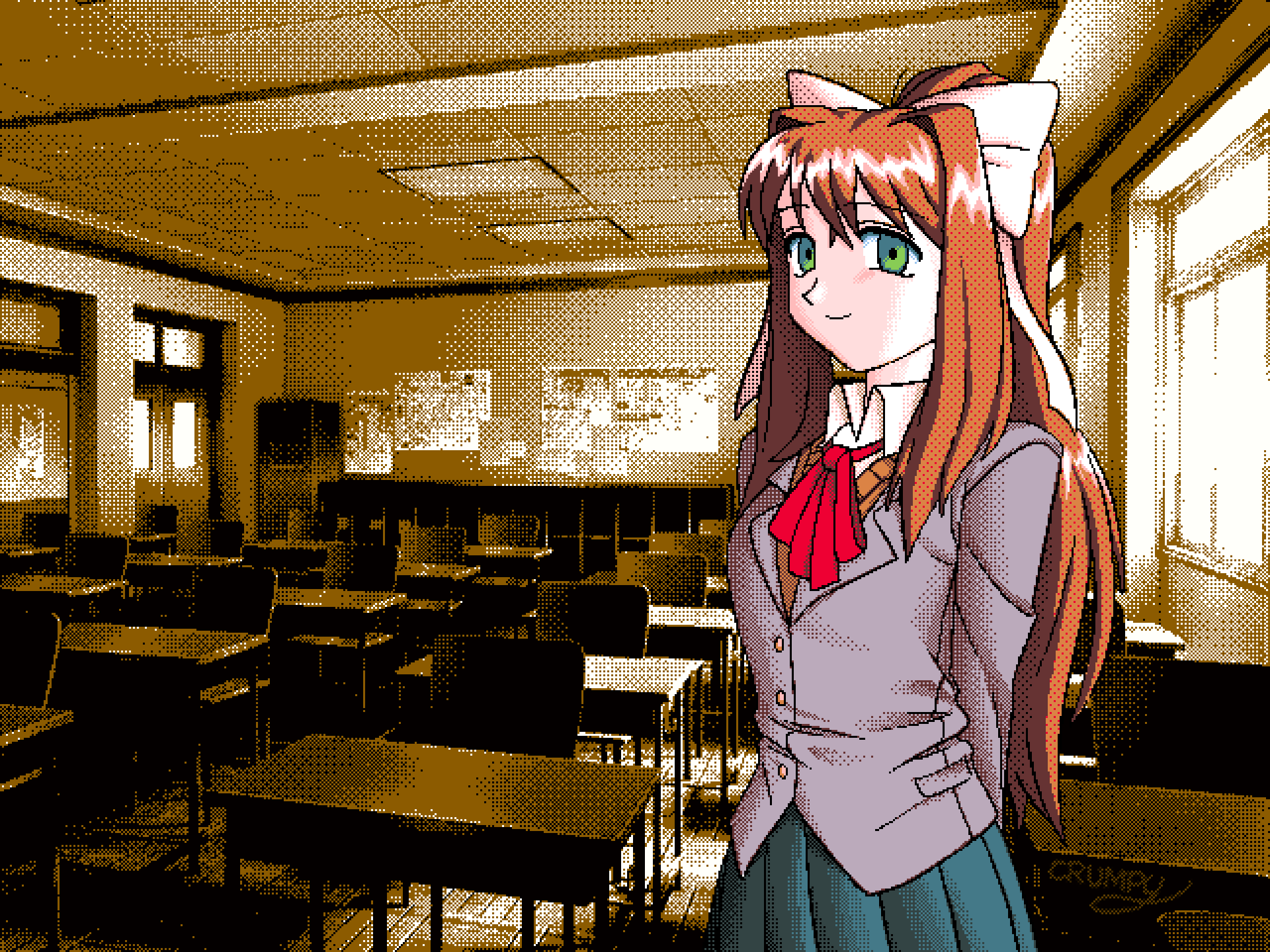monika (doki doki literature club), doki doki literature club, pc98, highres, 1girl, arms behind back, breasts, brown hair, classroom, green eyes, hair ribbon, large breasts, legs, long hair, looking at viewer, pc-98 (style), ponytail, ribbon, school uniform, skirt, solo, thighs