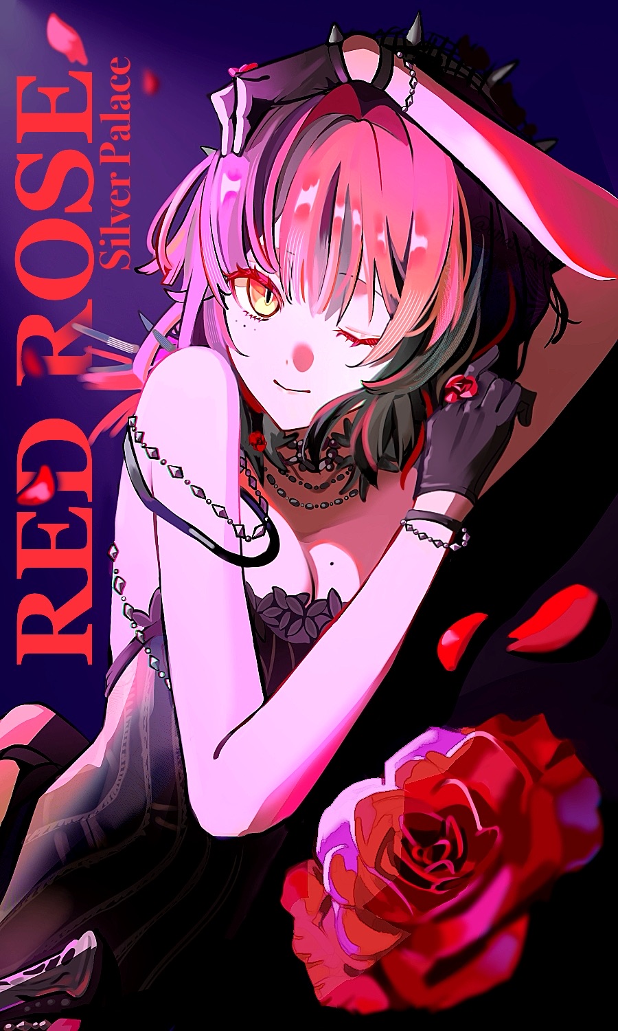 silver palace, highres, 1girl, ;), arm up, bare shoulders, black gloves, black hair, bracelet, breasts, character name, cleavage, copyright name, dress, elizabeth chaahan, english text, flower, gloves, hand on own head, hands up, jewelry, looking at viewer, mole, mole on breast, mole under eye, multicolored hair, one eye closed, purple background, red flower, red hair, red rose, red rose (silver palace), rose, smile, solo, strapless, strapless dress, two-tone hair, upper body, yellow eyes