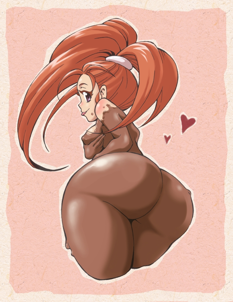 hinomaru (firesoul), barbara (dq6), dragon quest, dragon quest vi, breast hold, 1girl, :p, ass, ass focus, back, breasts, chocolate, female focus, heart, huge ass, long hair, looking back, naked chocolate, nipples, nude, orange hair, ponytail, purple eyes, solo, tongue, tongue out